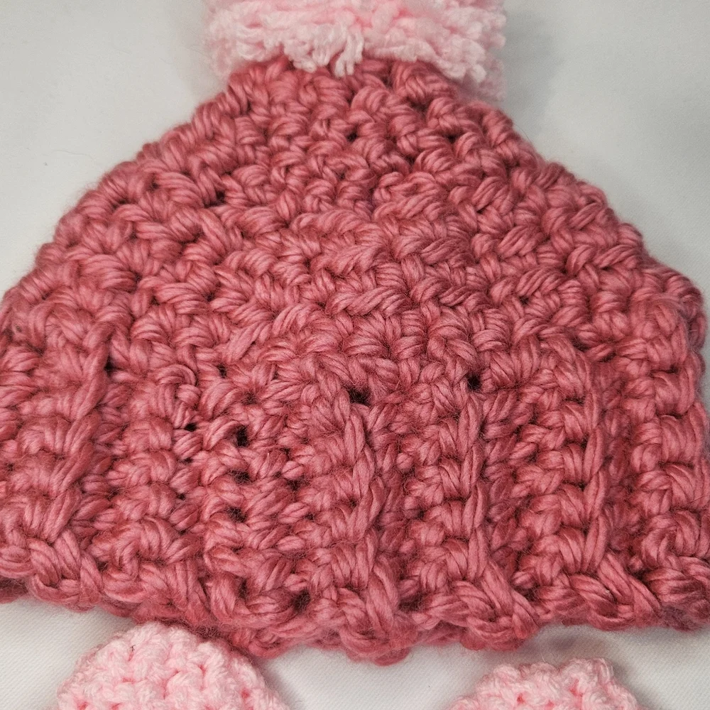 Infant Pink Crochet Hat and Mittens Set